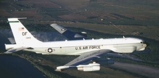 American reconnaissance aircraft Boeing RC-135U spotted over the Black Sea near Sevastopol